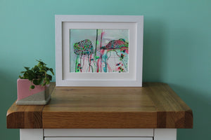 Pink and green framed ink drawing in situ