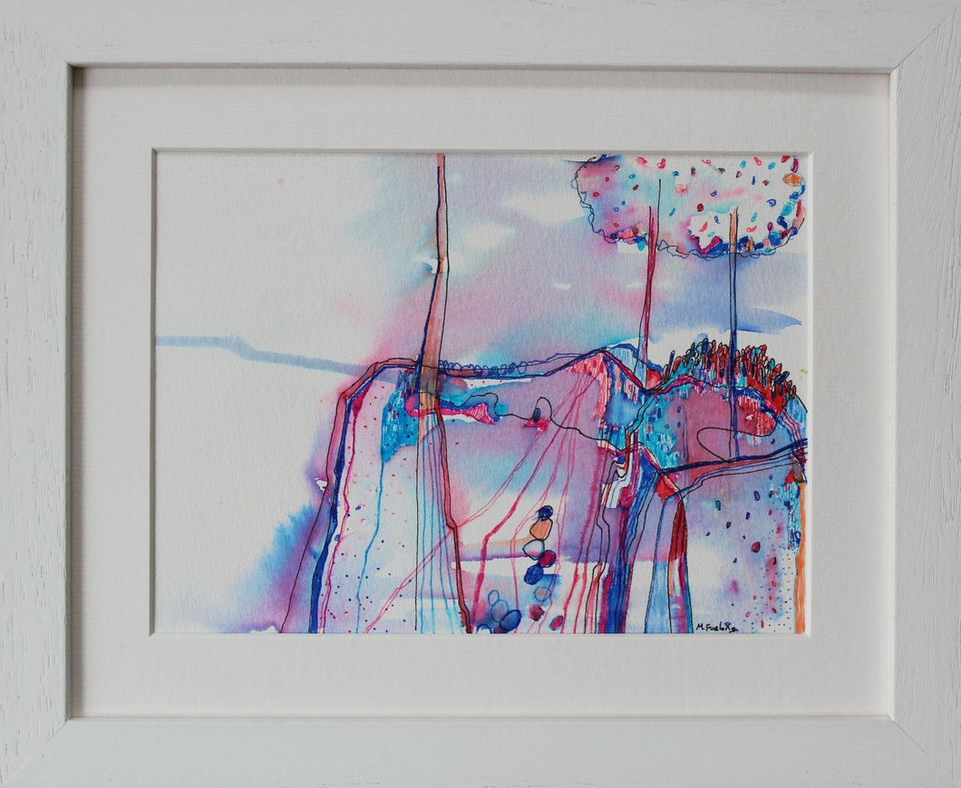 Blue and Pink ink pen drawing on paper framed by Martina Furlong