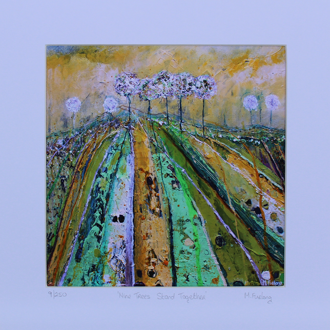 Irish landscape painting with green and yellow fields and trees limited edition print affordable art