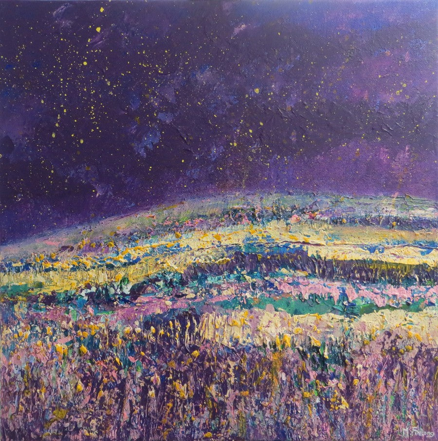 Original Irish landscape painting in purple and gold starry night 