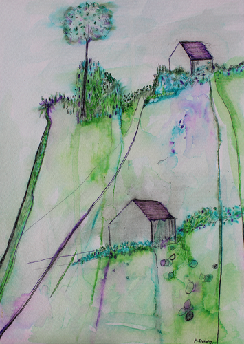 Light filled ink drawing in green and purple