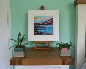 Irish seascape painting in pink and blue by Martina Furlong