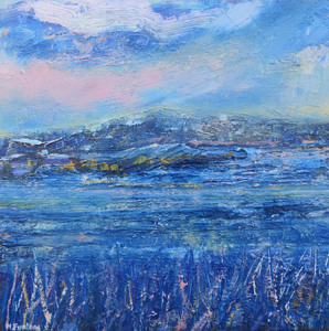 Irish seascape painting oil painting inspired by the Irish sea and the Irish coast wild atlantic way seascape painting in blue and pink