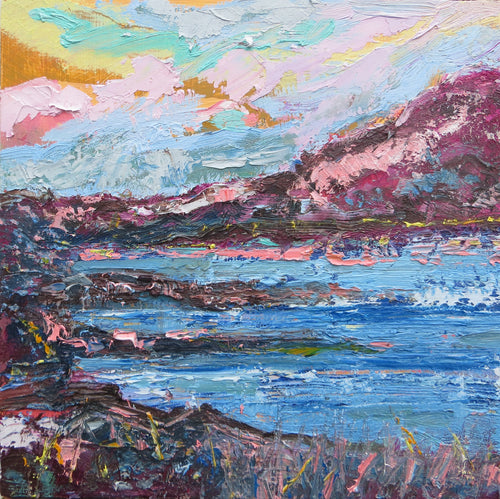 Seascape In Pink And Blue, 2018 - original oil painting on wood (H20xW20cm)