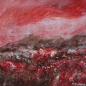 Irish landscape painting with red sky mountains and fields by Martina Furlong
