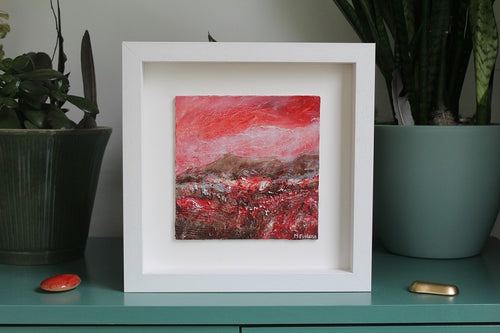 Red oil painting of the Irish landscape with rugged fields and mountains by Martina Furlong
