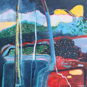 Abstract landscape painting with red yellow red blue and black by contemporary Irish artist Martina Furlong