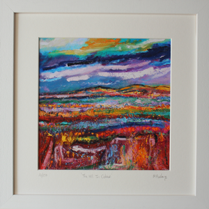 Framed limited edition print of an original Irish landscape painting with fields and mountains
