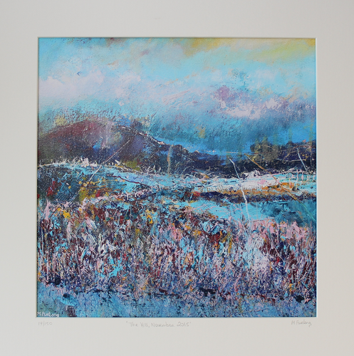 Limited edition print of an Irish landscape painting in blue green pink and yellow with mountains and fields