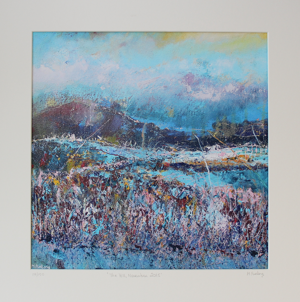 Limited edition print of an Irish landscape painting in blue green pink and yellow with mountains and fields