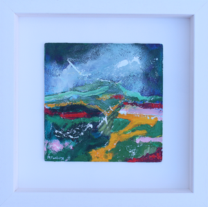 Atmospheric Irish landscape painting with black green yellow red and pink