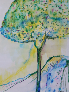 Magic Tree drawing with green and yellow by Irish artist Martina Furlong