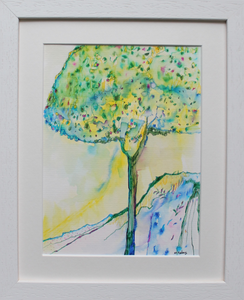 Framed ink pend drawing of a magic tree in yellow and green by Martina Furlong