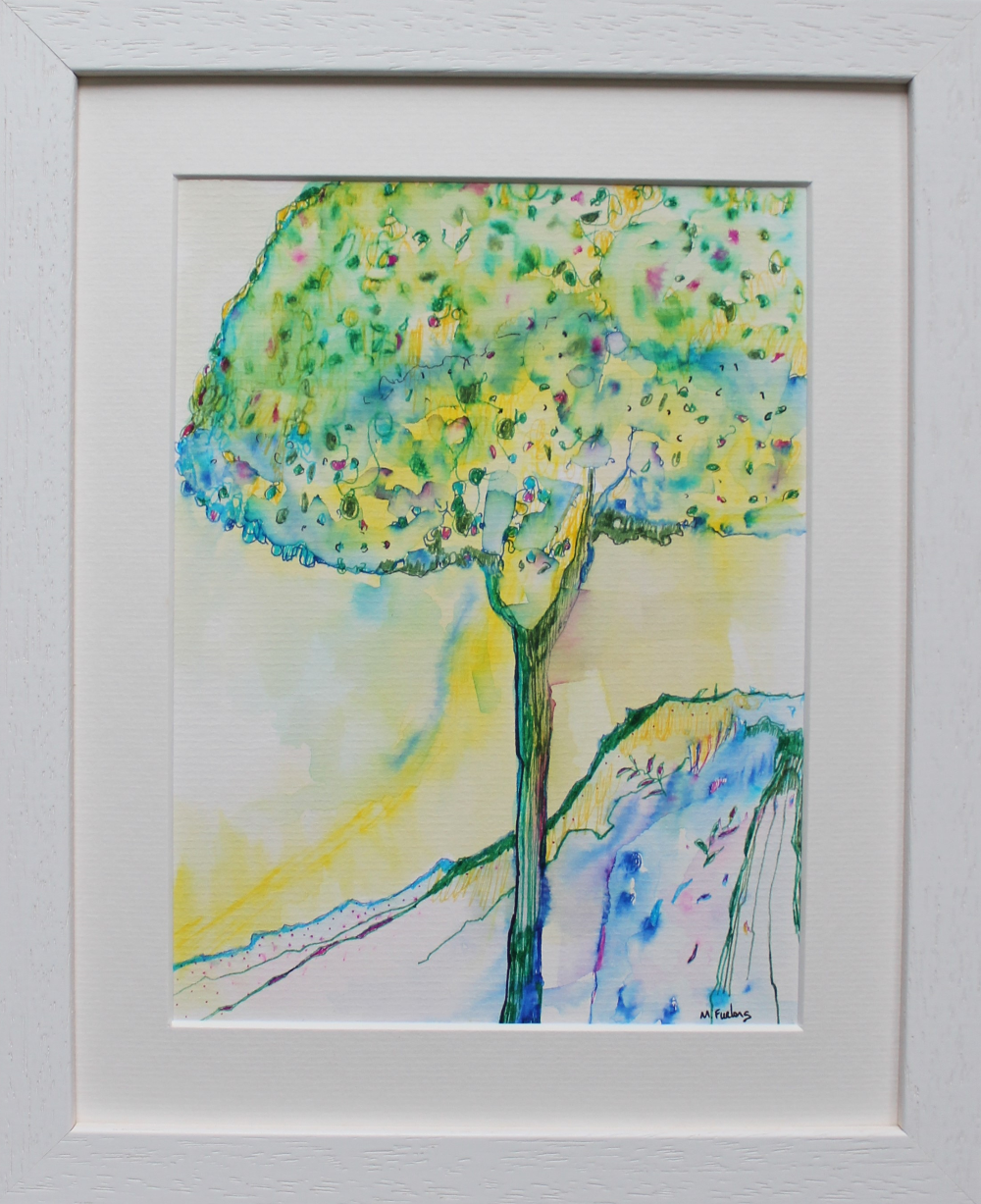 Framed ink pend drawing of a magic tree in yellow and green by Martina Furlong