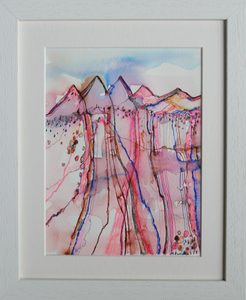 Framed ink drawing of the Irish landscape and mountains in pink and blue by Martina Furlong