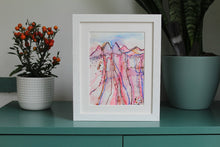 Load image into Gallery viewer, Framed Ink drawing of mountains in pink and blue by Martina Furlong Irish artist