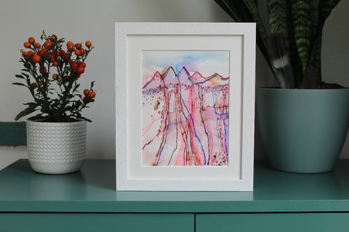 Framed Ink drawing of mountains in pink and blue by Martina Furlong Irish artist