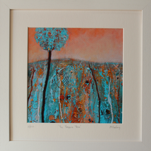 Load image into Gallery viewer, Framed print of a turquoise tree in a turquoise and copper landscape by Martina Furlong