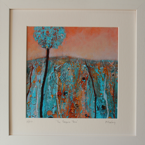 Framed print of a turquoise tree in a turquoise and copper landscape by Martina Furlong