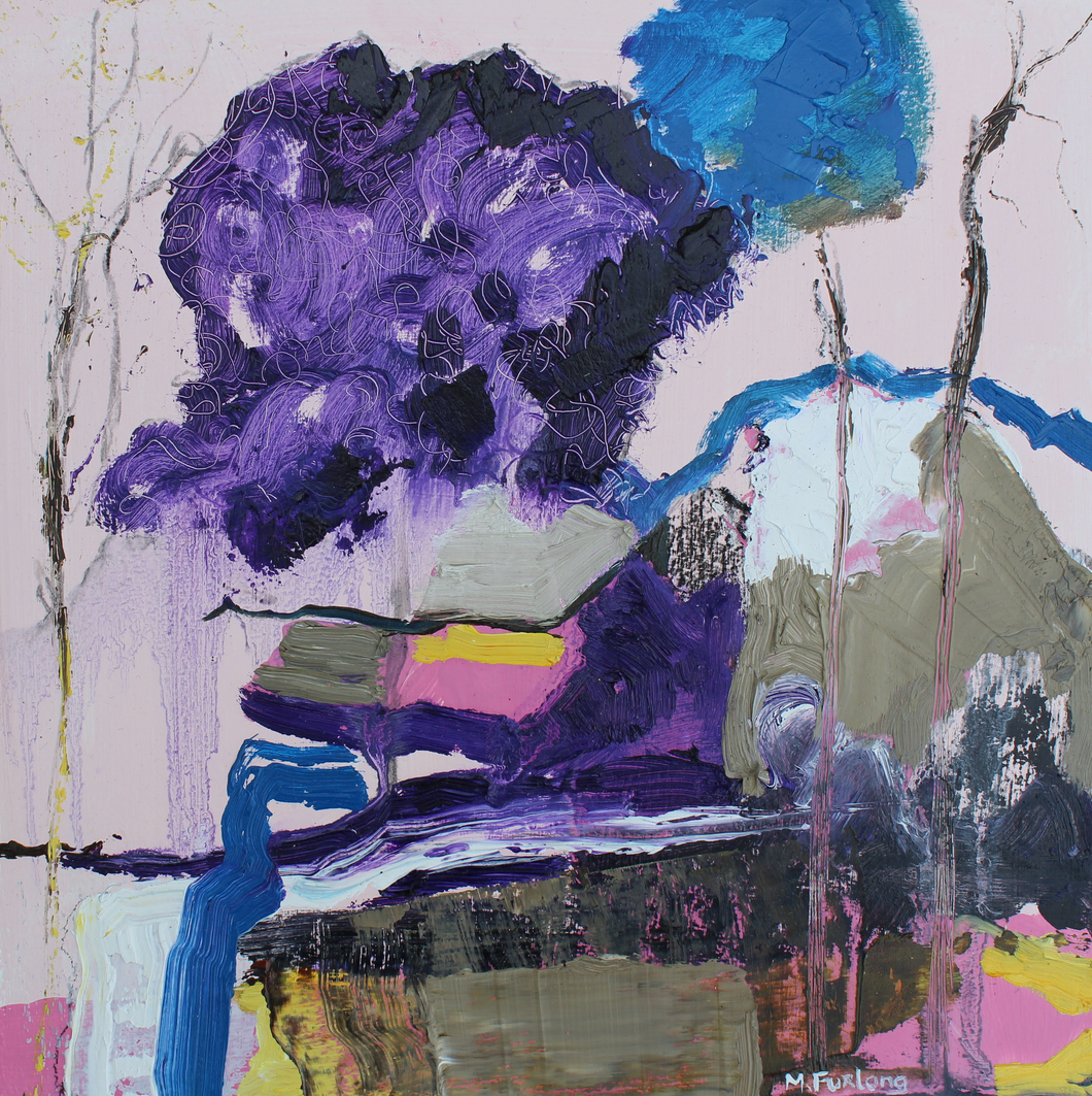 A colourful painting in shades of purple and pink with touches of brown, blue, white and yellow