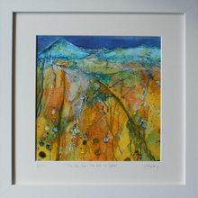 Load image into Gallery viewer, Framed Irish art print mountains in blue and yellow