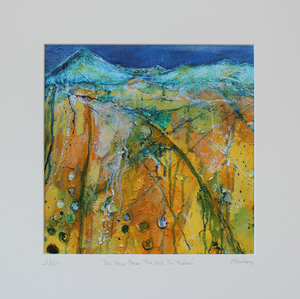 Limited edition print yellow and blue Irish landscape painting with fields and countains