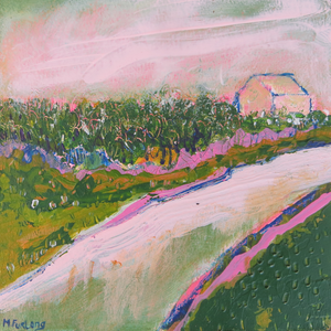 The Cottage With Pink And Green 1 - original acrylic painting on wood (framed)