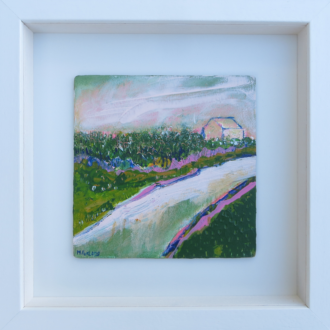 The Cottage With Pink And Green 1 - original acrylic painting on wood (framed)