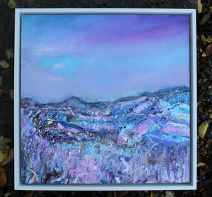 Framed Irish landscape painting by Martina Furlong. Shades of blue purple and brown capture the magical, mystical landscape of Ireland.
