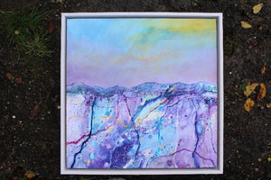 Framed mystical oil painting in shades of purple blue white and yellow by Martina Furlong