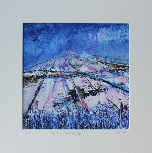 Irish landscape painting in blue with fields and mountains by contemporary Irish artist Martina Furlong
