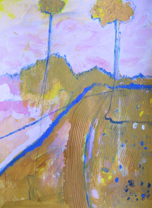 Study Of Two Trees In Yellow Ochre - mixed media painting on paper (H29xW21cm)
