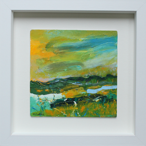 Irish landscape oil painting in yellow blue and green by Martina Furlong
