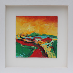 Vibrant Irish landscape painting in red yellow and green by Martina Furlong