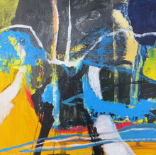 Load image into Gallery viewer, Original Irish abstract landscape painting in yellow black blue and red mixed media on wood  by Irish artist Martina Furlong