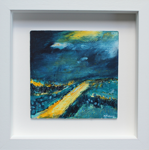 Framed Irish landscape painting in blue yellow and turquoise