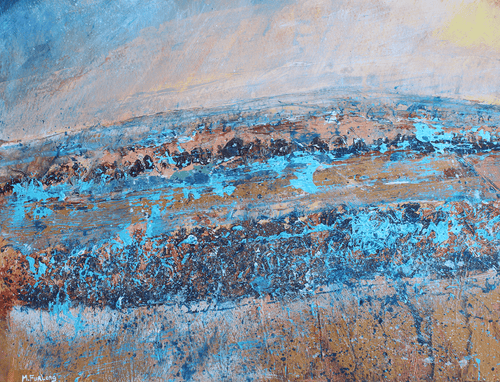 Landscape With Turquoise And Brown - mixed media painting on paper (H25xW33cm)