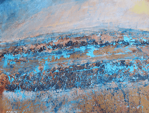 Landscape With Turquoise And Brown - mixed media painting on paper (H25xW33cm)