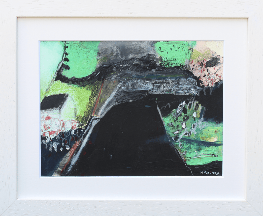 The Cottage With Black And Green 2 - mixed media painting on paper (framed)