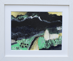 The Cottage With Black And Green 1 - mixed media painting on paper (framed)