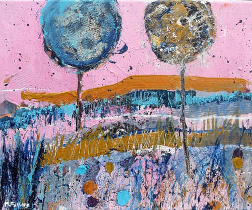 Two Trees Under A Pink Sky - original acrylic painting on canvas (H25xW30cm)