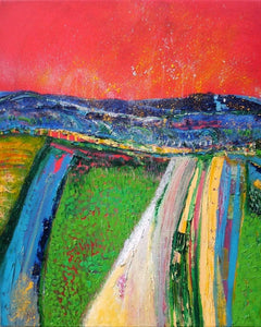 Martina Furlong - Contemporary Abstract and Landscape Artist Original oil painting Over The Hill And Far Away - original oil painting on canvas (H60xW50cm) Irish art Colourful paintings